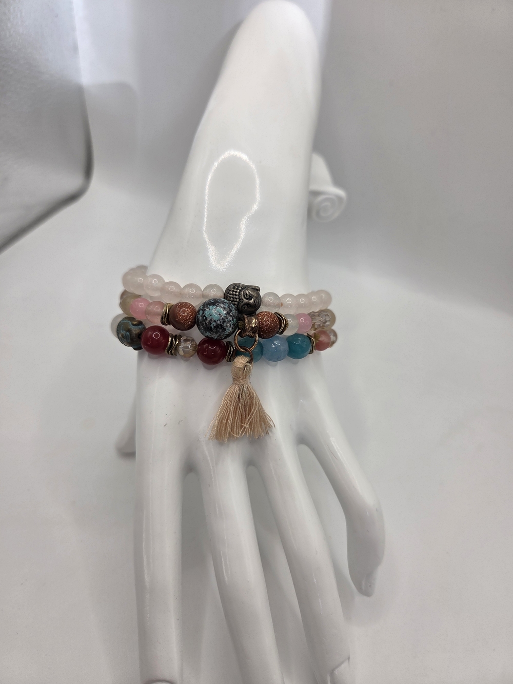 Mediation Mala Handmade Semi Precious Crystal Buddah Tassel Stretch Bracelet